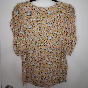 Esqualo Yellow Pink Floral Ruched Short Sleeves Blouse - Size 10
